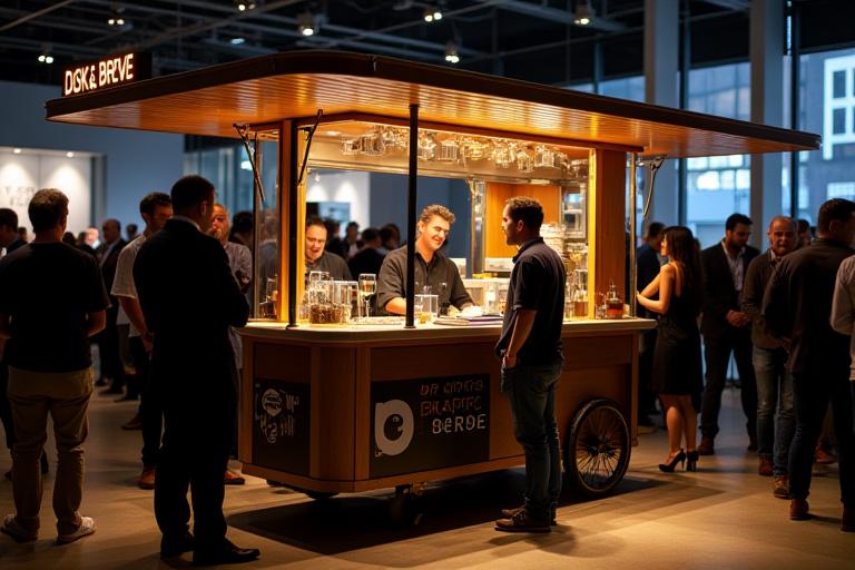 The Dusk & Brew mobile coffee cart set up at a corporate event.